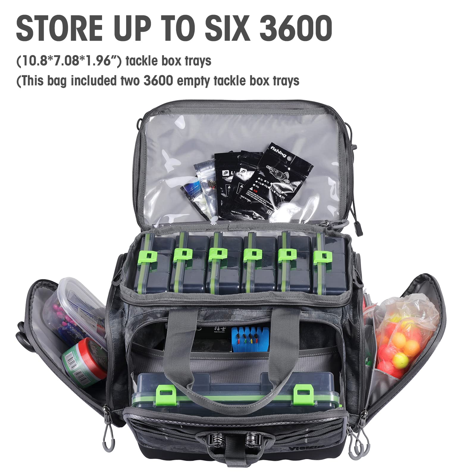 VISMIX Fishing Tackle Bag- Fishing Bag Large Water-Resistant Fishing Storage Bag with 2pcs 3600 Tackle Tray Boxes and Rod Holder