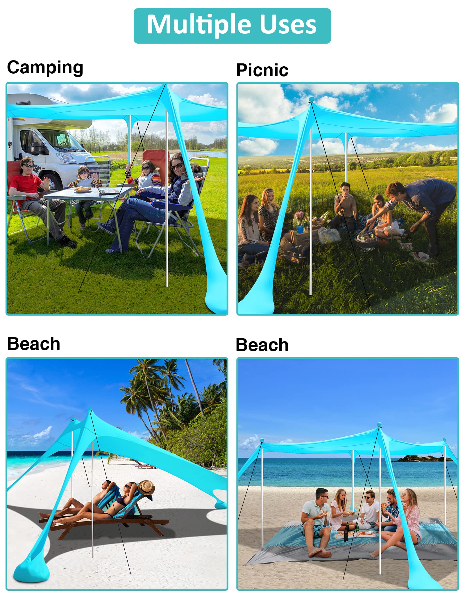 anngrowy Beach Tent Canopy 10'x10' Beach Tents Sun Shelter 6-8 Person Beach Canopy Tent Sun Shade Easy Setup Pop Up Beach Shade Canopy Portable Beach Tent UPF 50+ Waterproof Windproof Beach Canopy