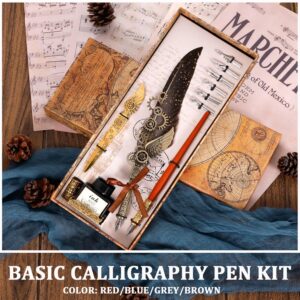 Quill Pen Calligraphy Pen Set - Antique Mechanical Steampunk Style -Mechanical Design Feather Pen with Wooden Dip Pen for Fun Writing Experience. Quill Pen Ink Set is a Basic Calligraphy Kit.(Grey)