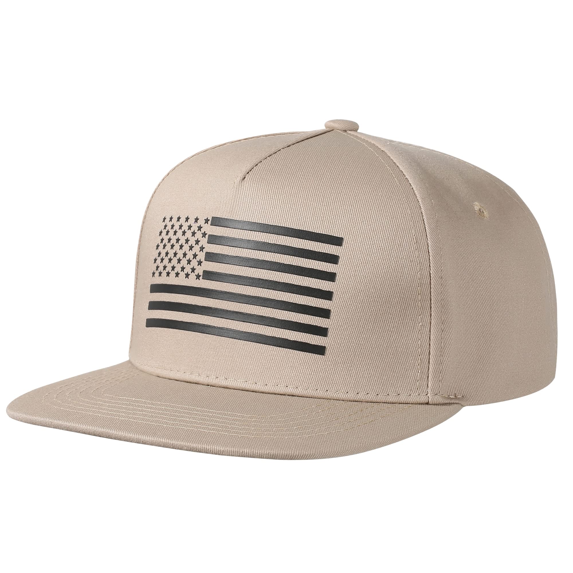 UALON Baseball Cap, Snapback Trucker Hat for Men & Women with American Flag and Adjustable, Breathable Mesh, Flat Bill Hats Khaki