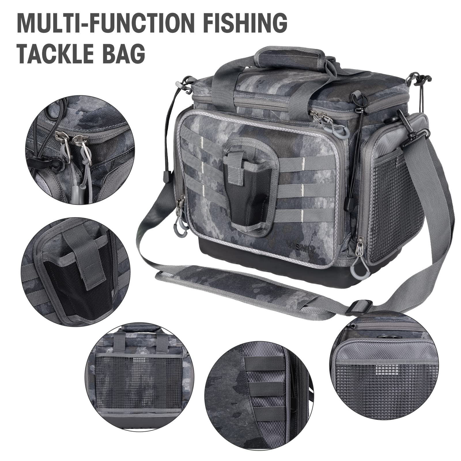 VISMIX Fishing Tackle Bag- Fishing Bag Large Water-Resistant Fishing Storage Bag with 2pcs 3600 Tackle Tray Boxes and Rod Holder