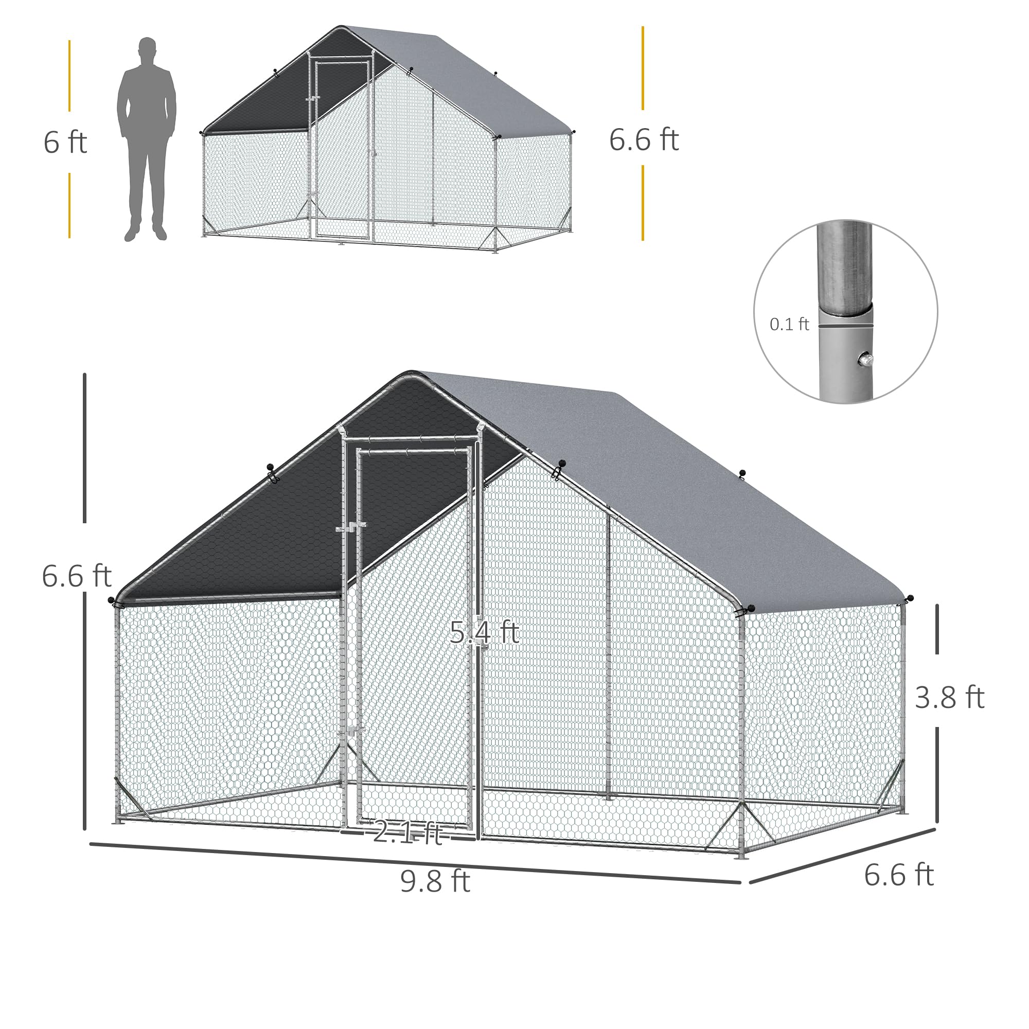 PawHut Large Chicken Coop Metal Chicken Run with Waterproof and Anti-UV Cover, Spire Shaped Walk in Fence Cage Hen House for Outdoor and Yard Farm Use, 1" Tube Diameter, 9.8' x 6.6' x 6.6'