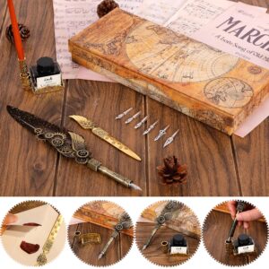 Quill Pen Calligraphy Pen Set - Antique Mechanical Steampunk Style -Mechanical Design Feather Pen with Wooden Dip Pen for Fun Writing Experience. Quill Pen Ink Set is a Basic Calligraphy Kit.(Grey)