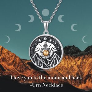 TOUPOP Urn Necklace for Ashes for Women Men 925 Sterling Silver Sun and Moon Phase Mountain Hiking Cremation Jewelry Ashes Keepsake Memorial Funeral Bereavement Gifts for Mom Dad