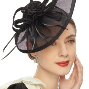 Pillbox Hats 20s 50s Vintage Fascinators for Women with Feather Mesh Veil Headband Bridal Wedding Tea Party (F-Black)