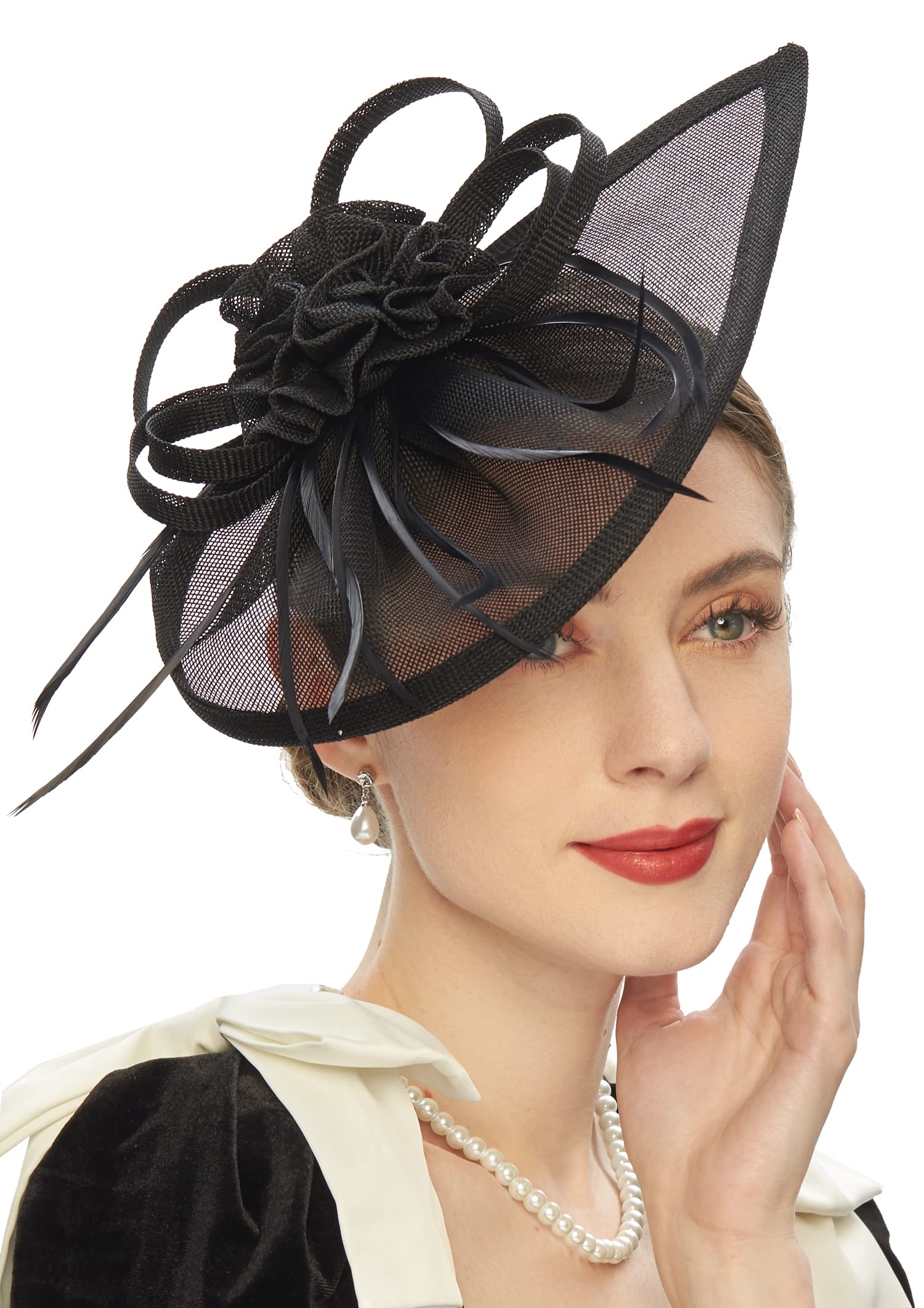 Pillbox Hats 20s 50s Vintage Fascinators for Women with Feather Mesh Veil Headband Bridal Wedding Tea Party (F-Black)