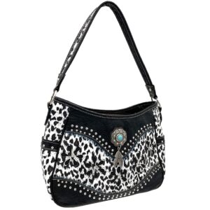 Leopard Animal Print Concealed Carry Feather Concho Country Vintage Western Handbag Hobo Purse Wallet Set (Snow Leopard)