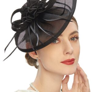 Pillbox Hats 20s 50s Vintage Fascinators for Women with Feather Mesh Veil Headband Bridal Wedding Tea Party (F-Black)