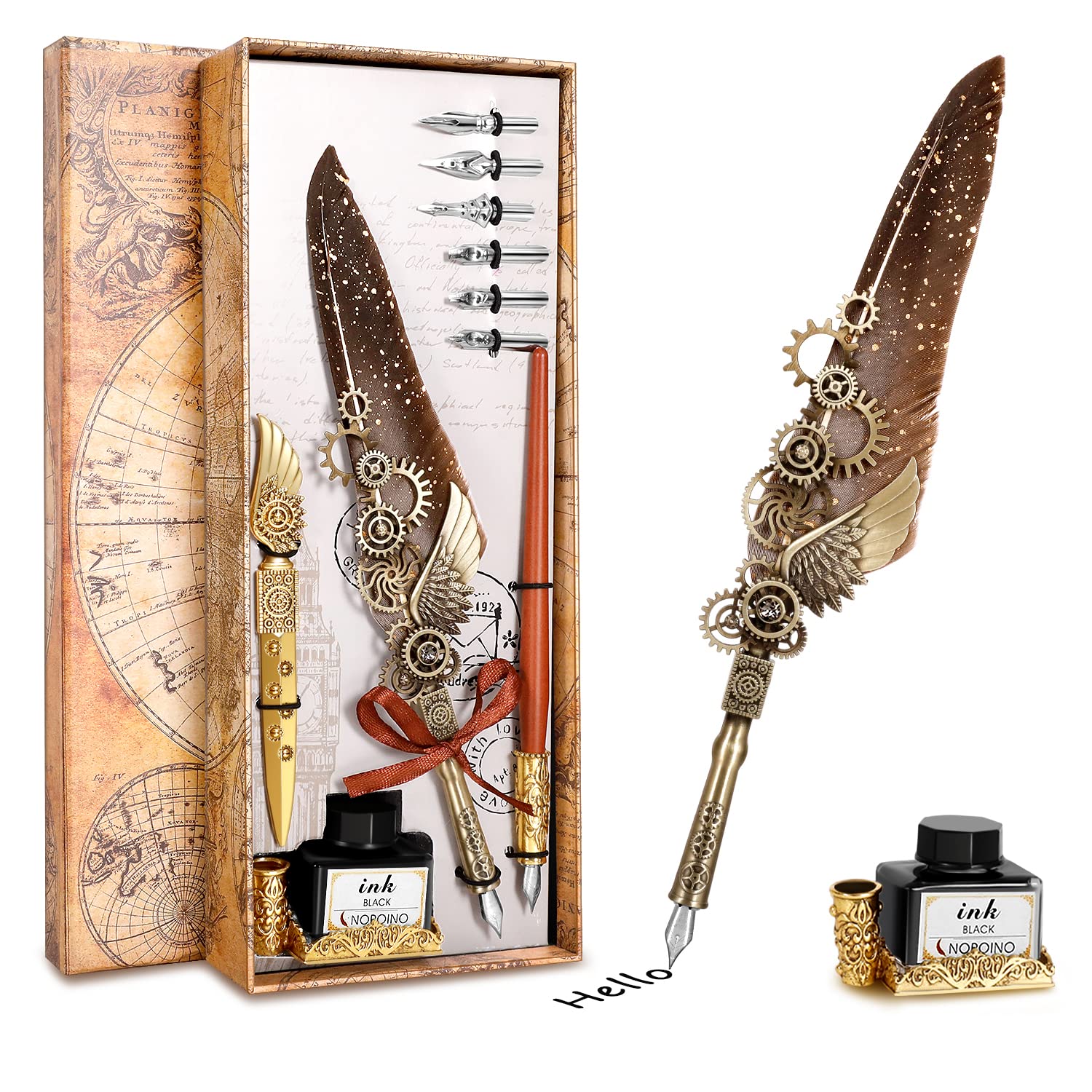 Quill Pen Calligraphy Pen Set - Antique Mechanical Steampunk Style -Mechanical Design Feather Pen with Wooden Dip Pen for Fun Writing Experience. Quill Pen Ink Set is a Basic Calligraphy Kit.(Grey)