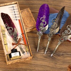 Quill Pen Calligraphy Pen Set - Antique Mechanical Steampunk Style -Mechanical Design Feather Pen with Wooden Dip Pen for Fun Writing Experience. Quill Pen Ink Set is a Basic Calligraphy Kit.(Grey)