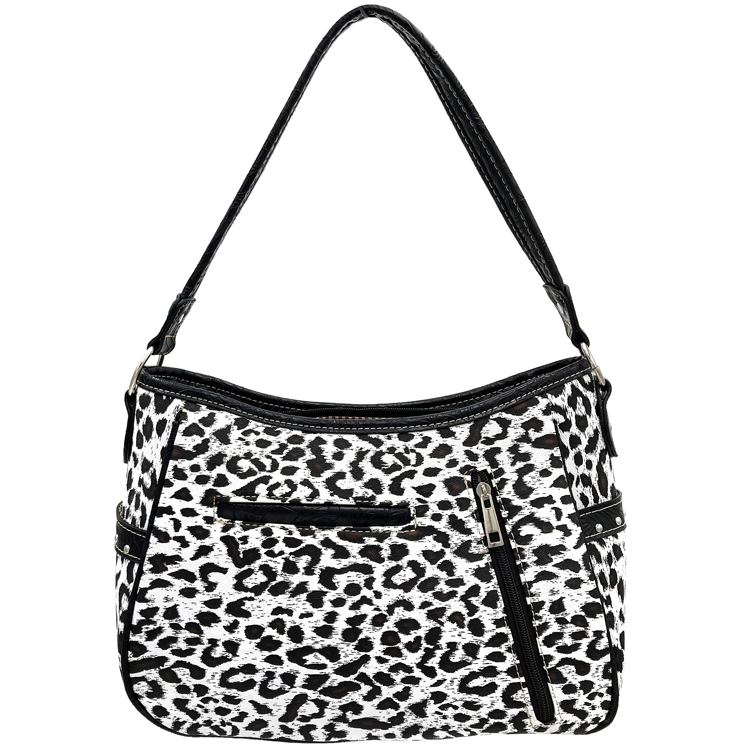 Leopard Animal Print Concealed Carry Feather Concho Country Vintage Western Handbag Hobo Purse Wallet Set (Snow Leopard)