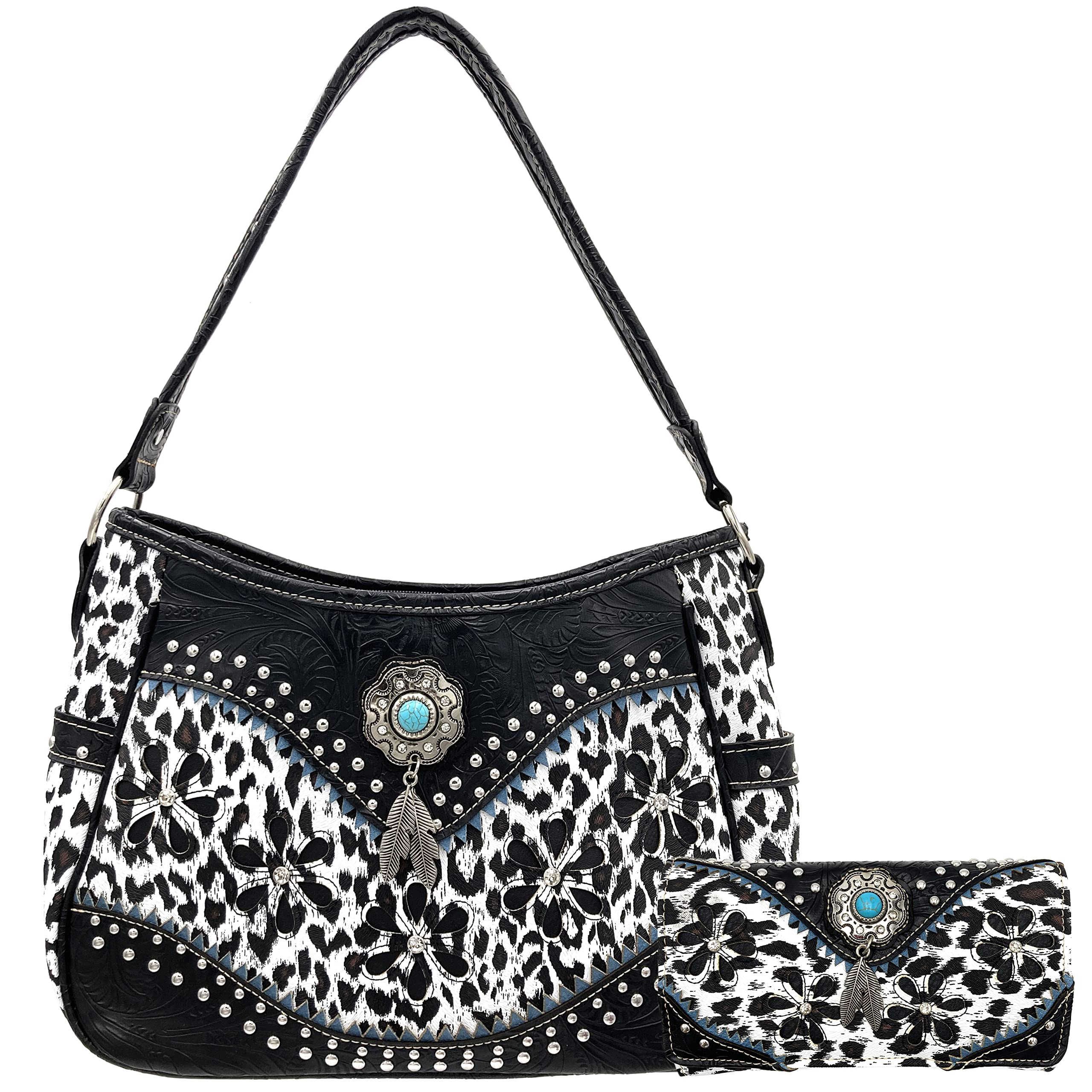 Leopard Animal Print Concealed Carry Feather Concho Country Vintage Western Handbag Hobo Purse Wallet Set (Snow Leopard)