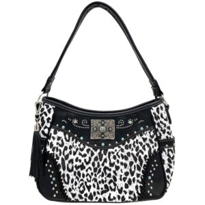 leopard animal print concealed carry feather concho country vintage western handbag hobo purse (leopard black)