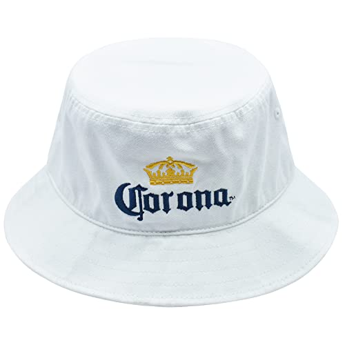 Corona Extra Bucket Hat with Embroidered Logo, Packable Travel Sun Hat, Wide Brim Cap, White