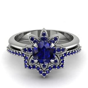 Jewelryonclick 925 Sterling Silver Ring Created Blue Sapphire Minimalist Flower Bridal Set Stacking Wedding Jewelry Easy to Wear Engagement Oranments for Womens Size : 6