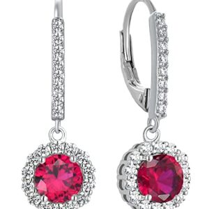 YL Women's Dangle Drop Earrings Sterling Silver Round Halo Solitaire Leverback Earrings Created Ruby Jewelry Gifts