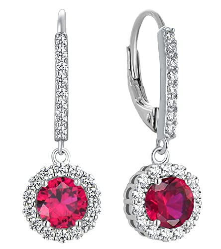 YL Women's Dangle Drop Earrings Sterling Silver Round Halo Solitaire Leverback Earrings Created Ruby Jewelry Gifts