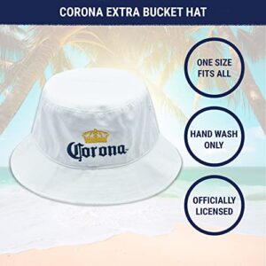 Corona Extra Bucket Hat with Embroidered Logo, Packable Travel Sun Hat, Wide Brim Cap, White