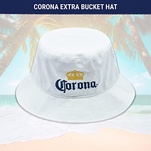 Corona Extra Bucket Hat with Embroidered Logo, Packable Travel Sun Hat, Wide Brim Cap, White