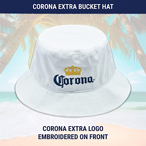 Corona Extra Bucket Hat with Embroidered Logo, Packable Travel Sun Hat, Wide Brim Cap, White