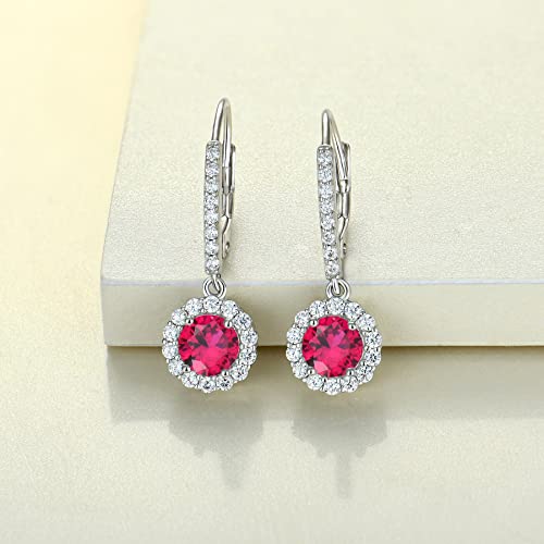 YL Women's Dangle Drop Earrings Sterling Silver Round Halo Solitaire Leverback Earrings Created Ruby Jewelry Gifts