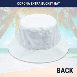 Corona Extra Bucket Hat with Embroidered Logo, Packable Travel Sun Hat, Wide Brim Cap, White