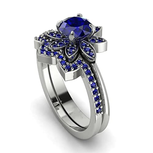 Jewelryonclick 925 Sterling Silver Ring Created Blue Sapphire Minimalist Flower Bridal Set Stacking Wedding Jewelry Easy to Wear Engagement Oranments for Womens Size : 6