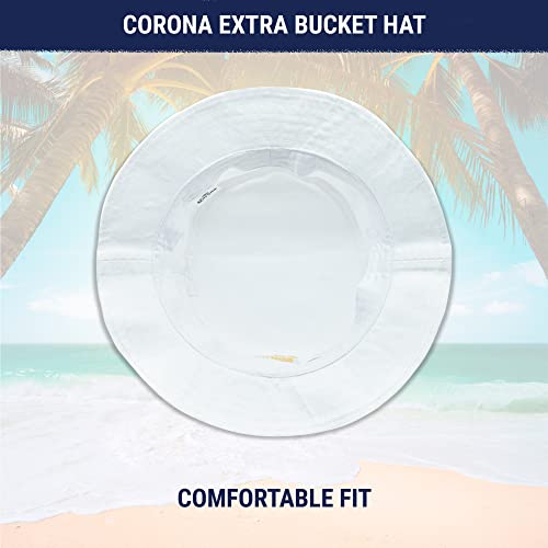 Corona Extra Bucket Hat with Embroidered Logo, Packable Travel Sun Hat, Wide Brim Cap, White