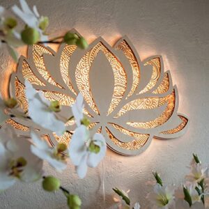 Mandala Yoga Room Night Light LED Multi-Layer Laser Cut Carved Light LED Elegant Wooden Mandala Hanging Light (Lotus)