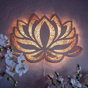 Mandala Yoga Room Night Light LED Multi-Layer Laser Cut Carved Light LED Elegant Wooden Mandala Hanging Light (Lotus)