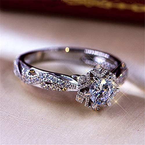 ZHIQIAN Womens Diamond Rings Simplicity Classic Fashion Hollow out Embossed Pattern Inlaid Zircon Floral Design Artificial Diamond Sliver Metal Ring Anniversary Birthday Engagement Mothers Day Gifts