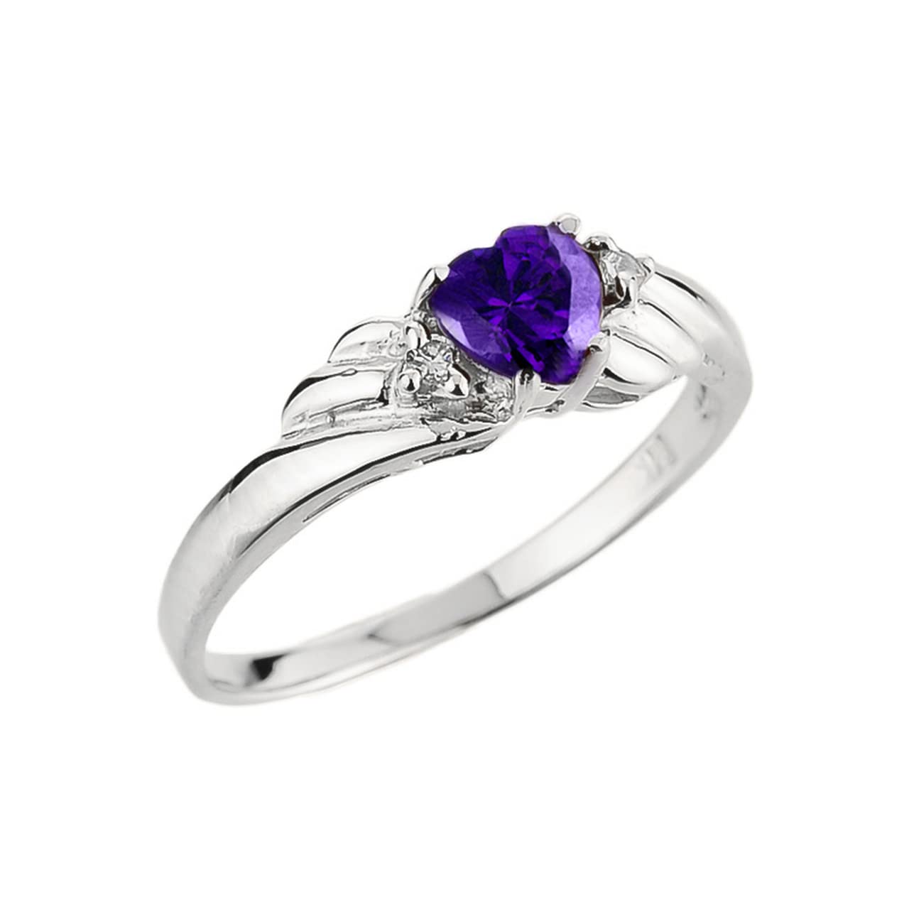 Certified 10k White Gold Ladies Diamond and Heart-Shaped Amethyst Ring (Size 7)