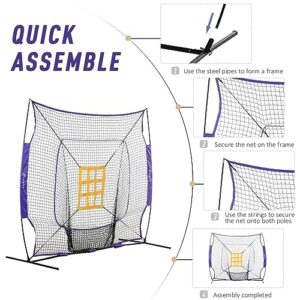 Soozier Baseball Practice Net Set with 7.5x7ft Catcher Net, Ball Caddy and Batting Tee, Portable Baseball Practice Equipment with Carry Bag for Hitting, Pitching, Batting, Catching, Purple