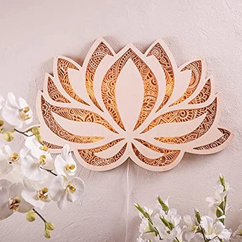 Mandala Yoga Room Night Light LED Multi-Layer Laser Cut Carved Light LED Elegant Wooden Mandala Hanging Light (Lotus)