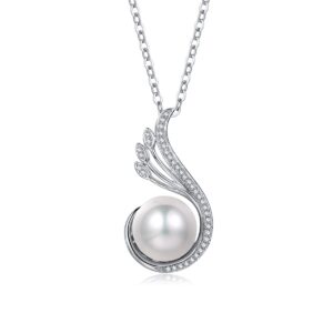 FANCIME June Birthstone Necklace Phoenix Pearl Necklace 9-10mm Genuine Freshwater Pearl Sterling Silver Single Pearl Necklace Fine Jewelry for Women