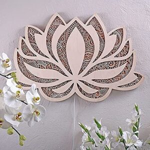 Mandala Yoga Room Night Light LED Multi-Layer Laser Cut Carved Light LED Elegant Wooden Mandala Hanging Light (Lotus)