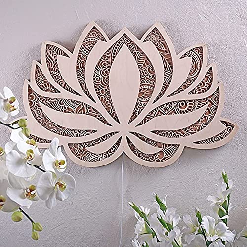 Mandala Yoga Room Night Light LED Multi-Layer Laser Cut Carved Light LED Elegant Wooden Mandala Hanging Light (Lotus)