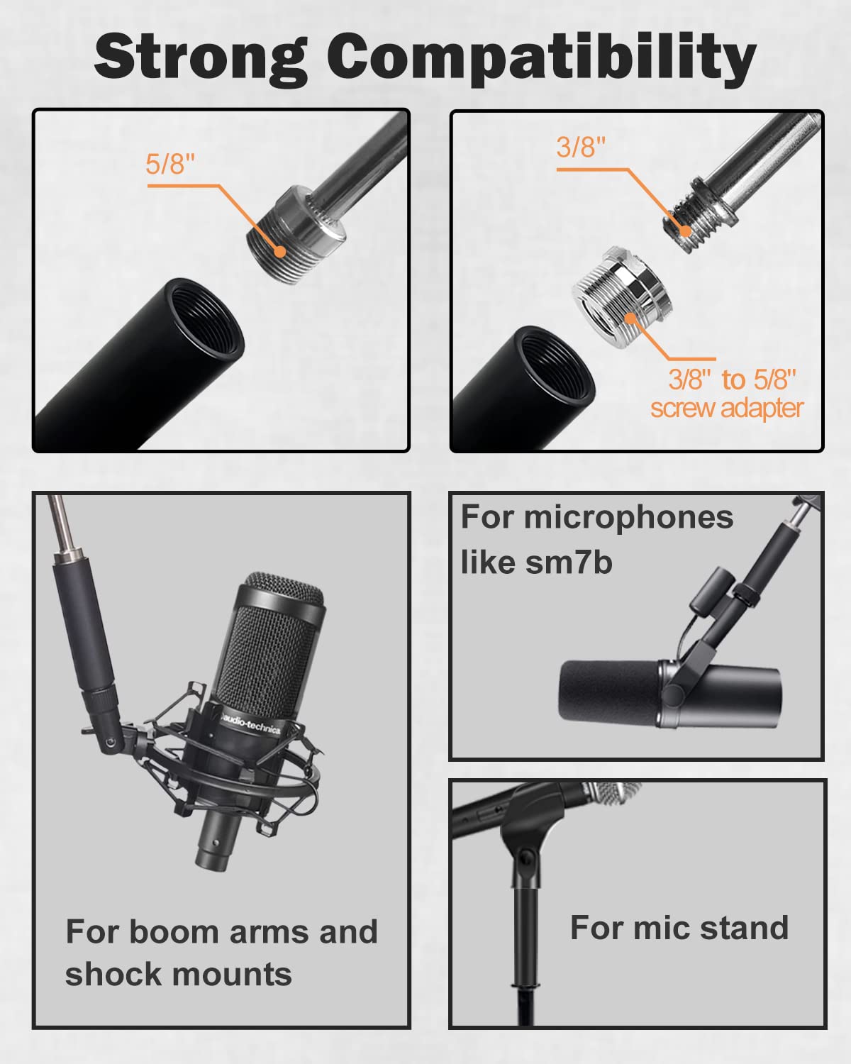 Boseen Mic Stand Extension Tube, 4 Pieces Microphone Extension Pipe Microphone Stand Extender with 2 Screw Aadpters for Desk Boom Arm Stands