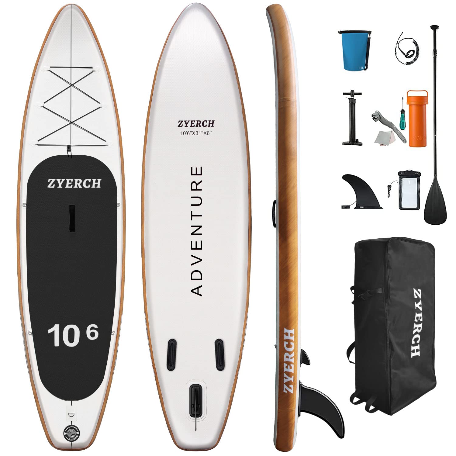 Zyerch Inflatable Stand Up Paddle Board with Floating Paddle, Accessories of Backpack, Double-Action Hand Pump, All-Around SUP for Yoga,Fishing,Tour-10'6" (Black)