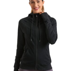 CRZ YOGA Women's Full Zip Hooded Sweatshirts Workout Sweat Jackets Slim Fit Running Track Hoodies with Thumbholes Black Large