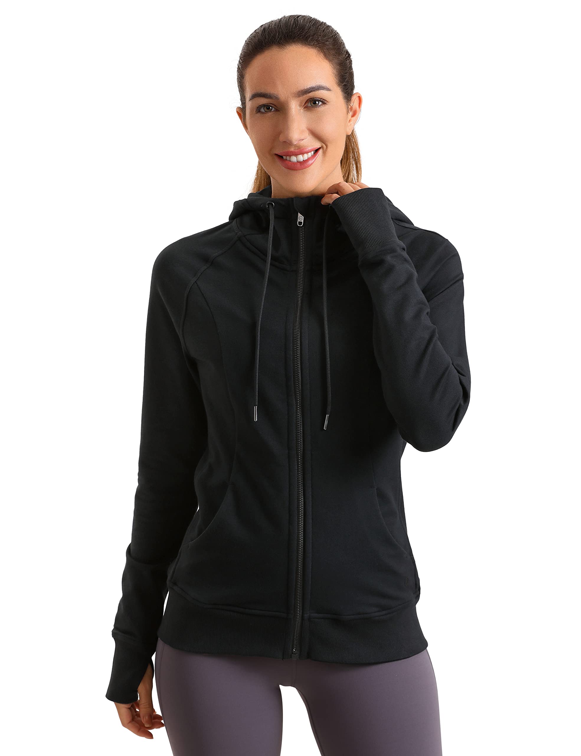 CRZ YOGA Women's Full Zip Hooded Sweatshirts Workout Sweat Jackets Slim Fit Running Track Hoodies with Thumbholes Black Large