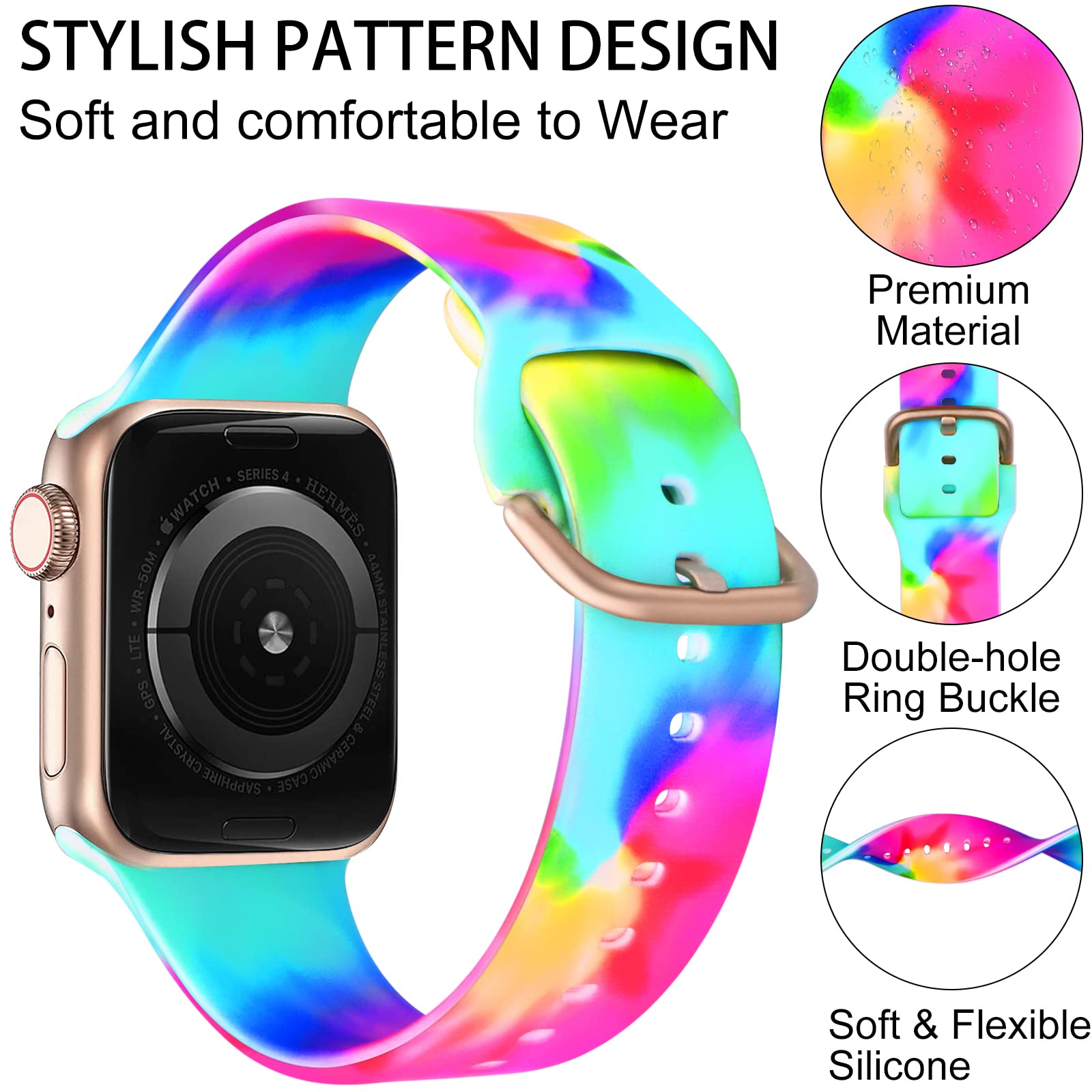 ACESTAR Double Sided Band Compatible with Apple Watch Band 38mm 40mm 41mm/42mm(Series 10), Cute Floral Soft Silicone Replacement for iWatch Series 9 8 7 6 5 4 3 2 1 SE, Tie Dye E