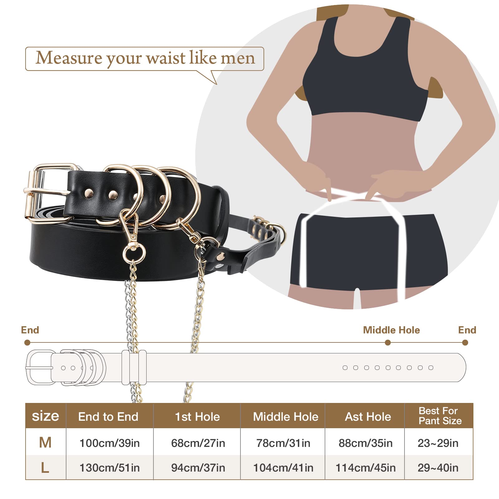 AWAYTR Women Leather Punk Waist Belt - Black PU Leather Adjustable Ladies Belts with Gold and Silver Buckle (Gold Buckle)