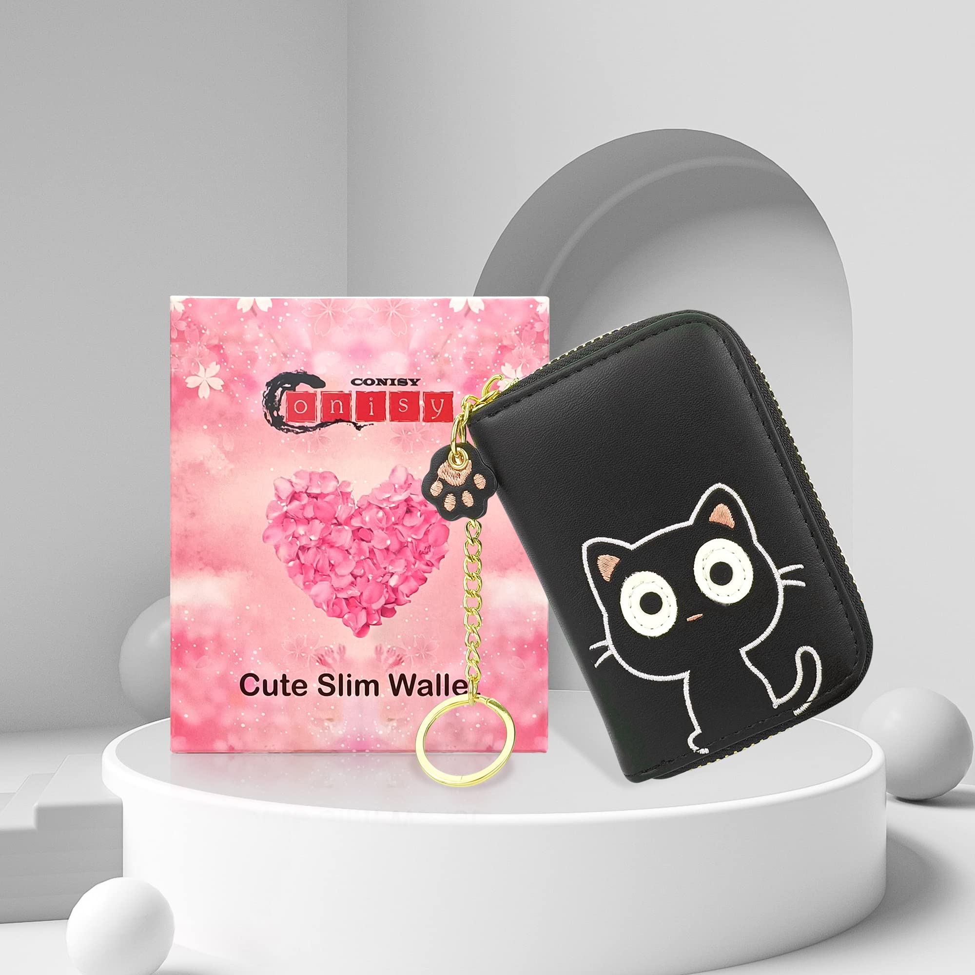 CONISY Cute Card Holder for Women, RFID Leather Small Credit Card Holder Wallet with Removable Keychain Wristlet (black cat)