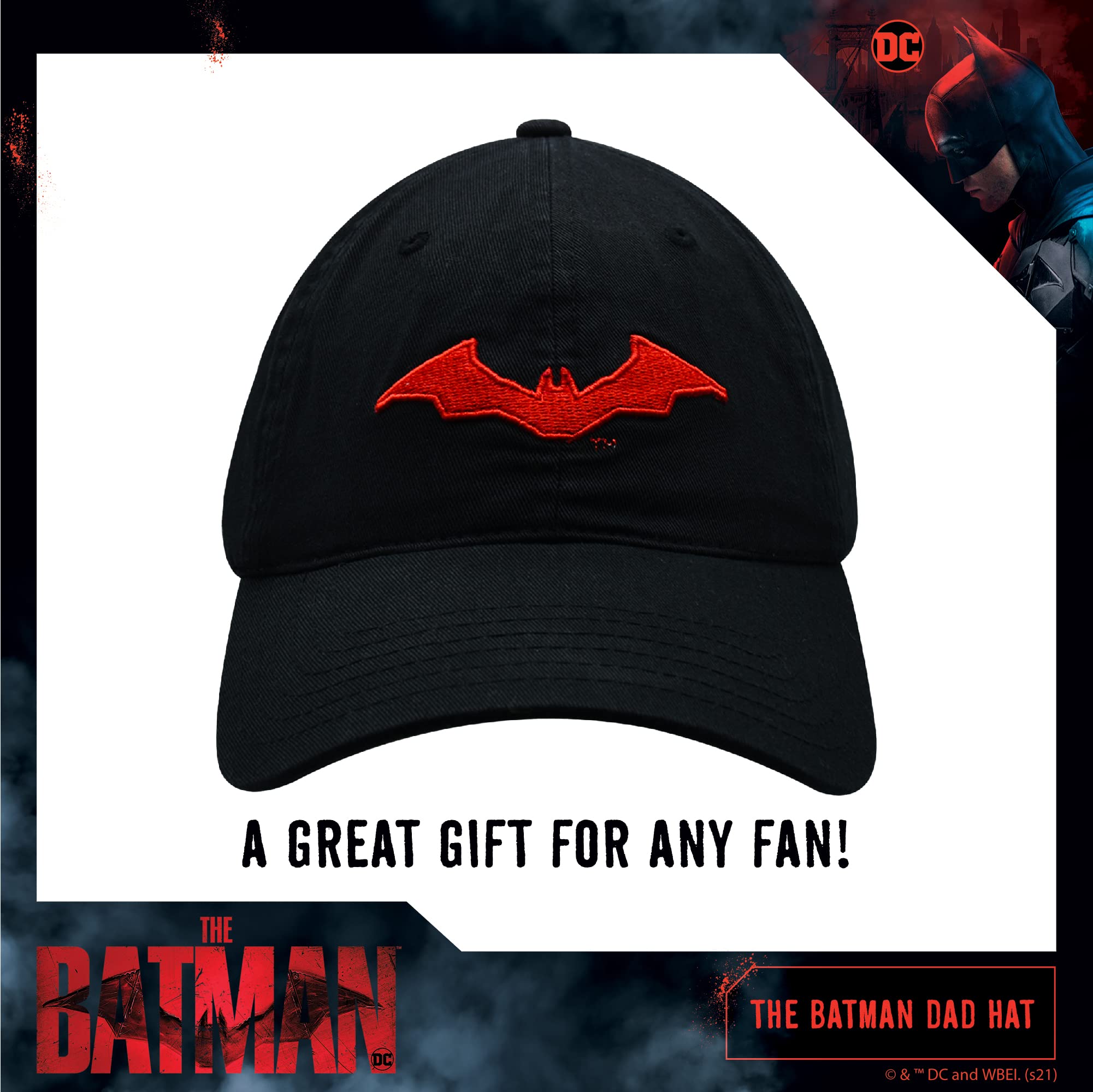 DC Comics The Batman Dad Hat, Embroidered Logo Adult Baseball Cap with Flat Brim, Black, One Size