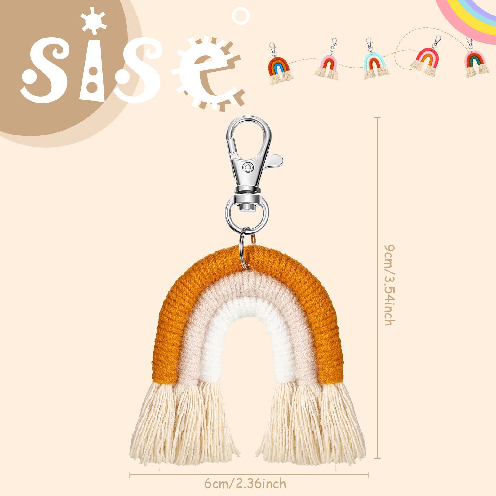 Landhoow 6 Pcs Boho Rainbow Keychains Bulk Women Macrame Rainbow Key Chains Mini Tassel Keychains Car Keyrings Holder(Pastel Color)