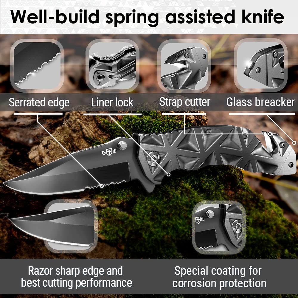 Bundle of 2 Items - Black Pocket Knife - Serrated Sharp 3,5" Blade Folding Knives - EDC USMC Best Camping Hunting Fishing Hiking Survival Knofe - Travel Accessories Gear - Gifts for Men