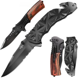 Bundle of 2 Items - Black Pocket Knife - Serrated Sharp 3,5" Blade Folding Knives - EDC USMC Best Camping Hunting Fishing Hiking Survival Knofe - Travel Accessories Gear - Gifts for Men