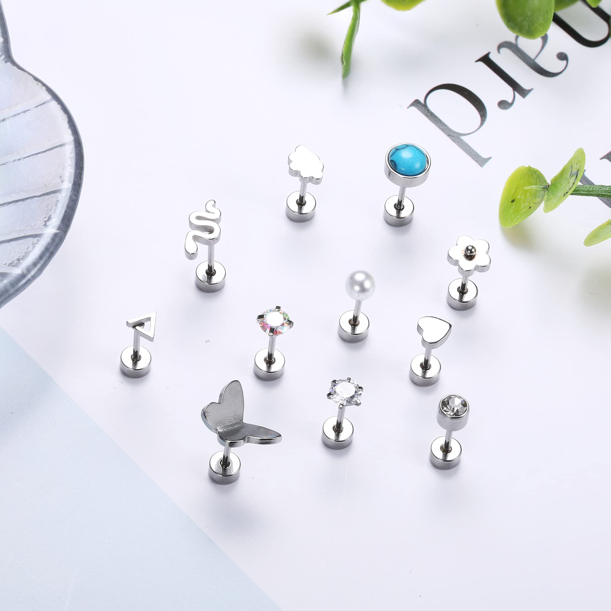 Ubjuliwa 20 Pairs 20G Surgical Steel Stud Earrings Set for Women Men Hypoallergenic Flatback Earrings Piercing Jewelry Star Moon flower Heart Leaf Opal Cartilage Earrings