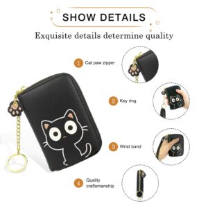 CONISY Cute Card Holder for Women, RFID Leather Small Credit Card Holder Wallet with Removable Keychain Wristlet (black cat)